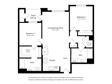 Floor plan for 2 beds, 2 baths, 1071 sqft